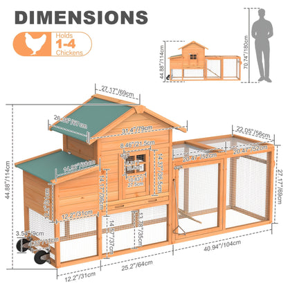 Portable Wooden Chicken Coop with Wheels, Nest Box and Wood Roof or Sunshine Board Run Option