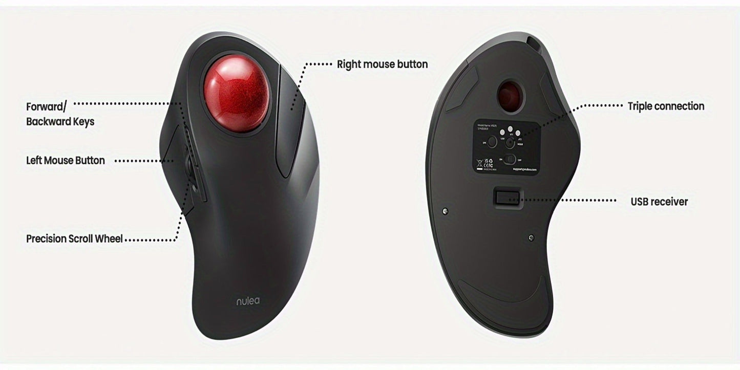 Wireless Trackball Mouse, Rechargeable Bluetooth & 2.4G, 44mm Index Finger Rollerball, 5 DPI Levels