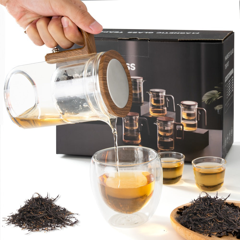 Glass Teapot with Infuser & Wooden Handle – Borosilicate Tea Kettle, One-Button Tea-Water Separation, Drip-Free Spout