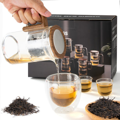 Glass Teapot with Infuser & Wooden Handle – Borosilicate Tea Kettle, One-Button Tea-Water Separation, Drip-Free Spout