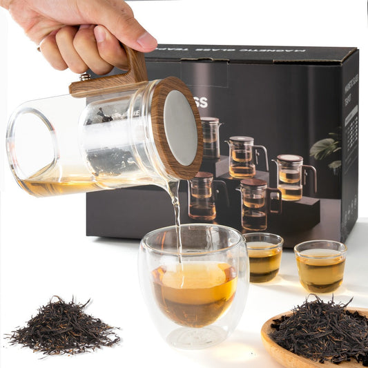 Glass Teapot with Infuser & Wooden Handle – Borosilicate Tea Kettle, One-Button Tea-Water Separation, Drip-Free Spout