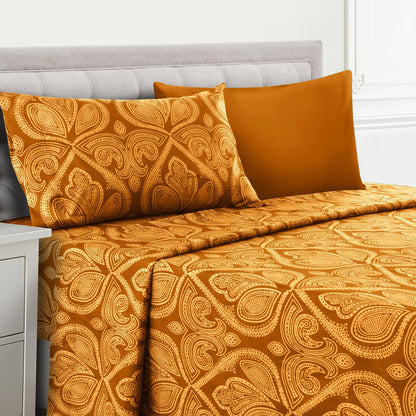 Bed Sheet Set Paisley Brushed Polyester in 4- or 6-Piece Sizing with 16-Inch Pocket and Wash Instructions
