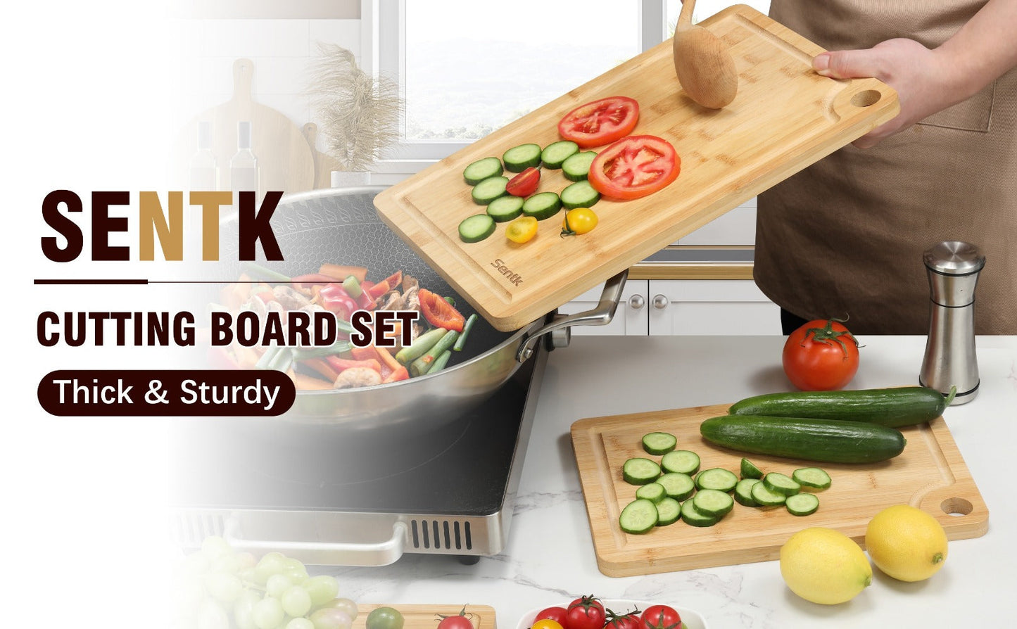 Cutting Board Three-Piece Bamboo Set with Juice Grooves, Carry Handles and Three Nested Sizes