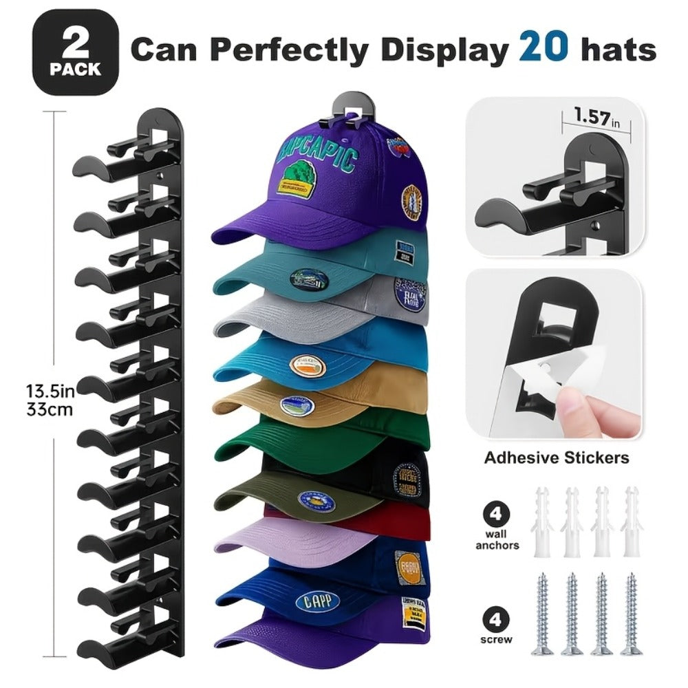 Wall Mounted Hat Rack for Baseball Caps, Adhesive or Drill Mount, Holds 20 Hats, Multilayer Storage