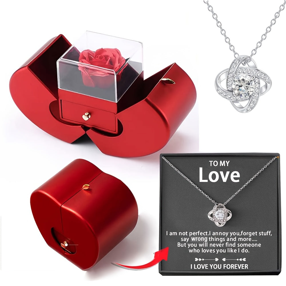 Preserved Real Rose Gift Box with I Love You in 100 Languages Necklace, Romantic Gifts for Girlfriend Wife Mom