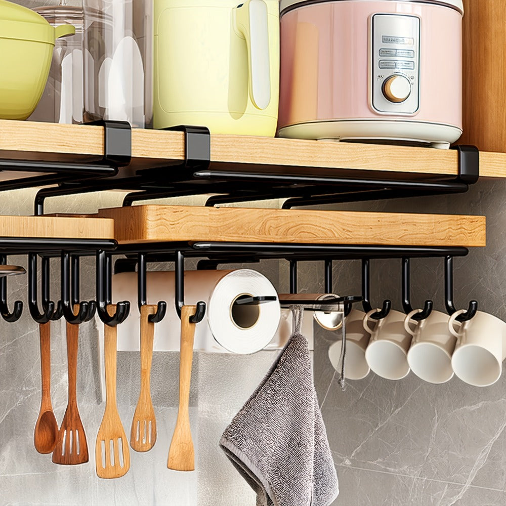 Under Cabinet Organizer Rack with Hooks, Carbon Steel Kitchen Shelf for Utensils, Towels, Cups & Cutting Boards