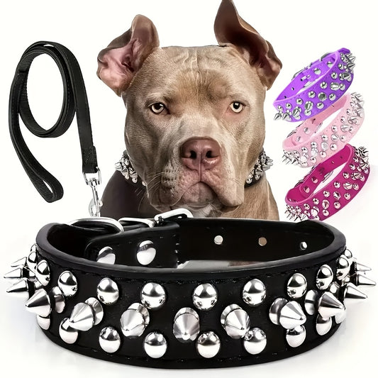 Rivet Dog Collar Bite Resistant with Leash Set, Heavy Duty Metal Buckle Pet Collar for Medium Large Dogs, Adjustable Sizes XS–XXL
