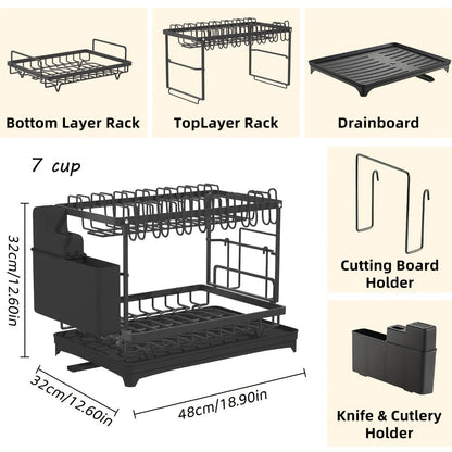 Dish Drying Rack with Drainboard in Gray, White, Black, Single-Layer and Seven-Cup Configurations