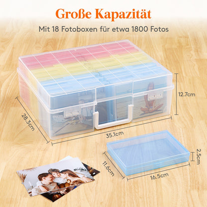 4x6 Photo Storage Box with 14 Inner Photo Keeper Cases Holds 1400 Photos Clear Plastic Photo Organizer with Lids Label Stickers BPA-Free