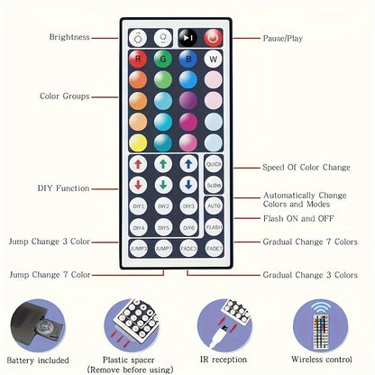 LED Strip Light RGB 100ft Two-Roll Kit with 44-Key Remote, Included Power Supply and Adhesive Backing