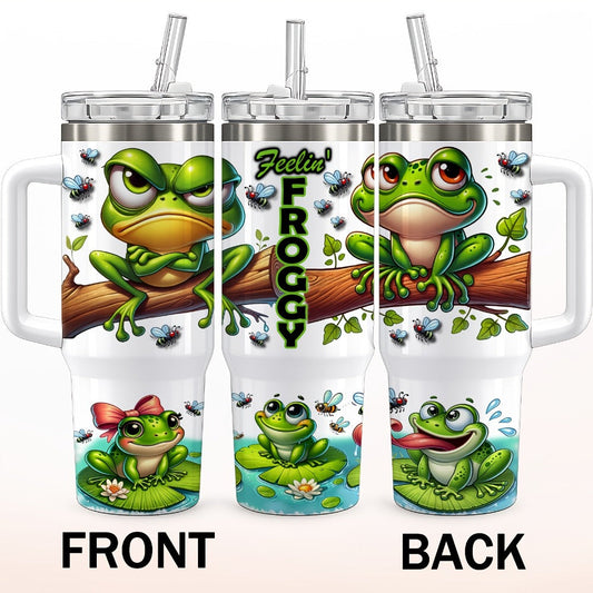 Frog Print Water Bottle Tumbler with Handle, Clear Foldable Straw and 16oz or 40oz Capacity Options