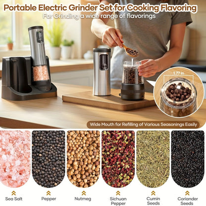 Electric Salt and Pepper Grinder Set Rechargeable USB Large with Base Adjustable Coarseness LED Display Kitchen Gift Silver Black