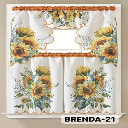 Kitchen Curtains 3 Piece Set Embroidered Satin Valance and Tiers – Rod Pocket Light Filtering Machine Washable 46 Colors