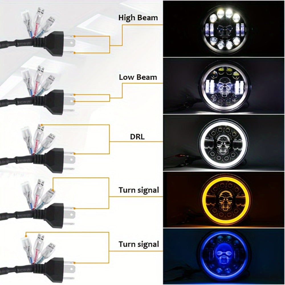 7 Inch Motorcycle LED Headlight Skull Ghost Design – Colorful Demon Eye Round Head Lamp, Custom Car Headlight Modification Front Light