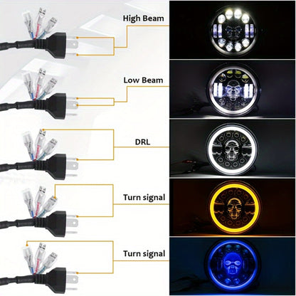 7 Inch Motorcycle LED Headlight Skull Ghost Design – Colorful Demon Eye Round Head Lamp, Custom Car Headlight Modification Front Light