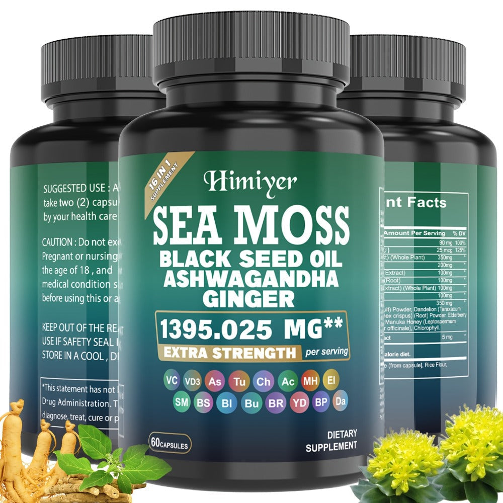 Sea Moss Capsules 3-Pack 180ct with Black Seed Oil Ashwagandha Turmeric Vitamin C D3 for Bath Time, Home Spa and Personal Care