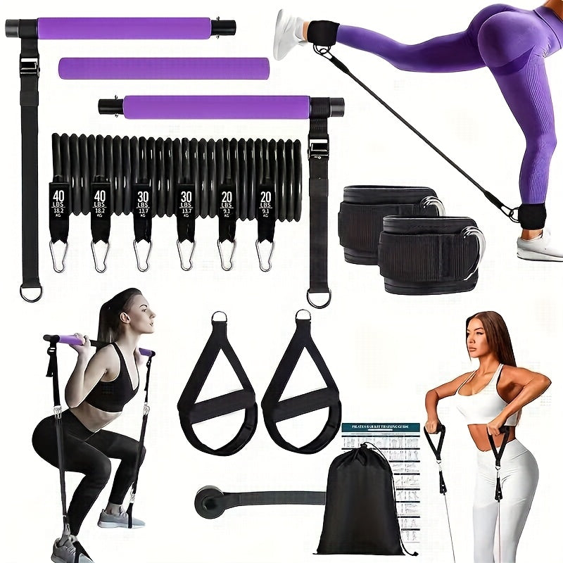 Pilates Bar Kit 14pcs with Resistance Bands & Tension Belt – Multifunctional Fitness Pedal Puller Stick for Home Yoga Stretch Training