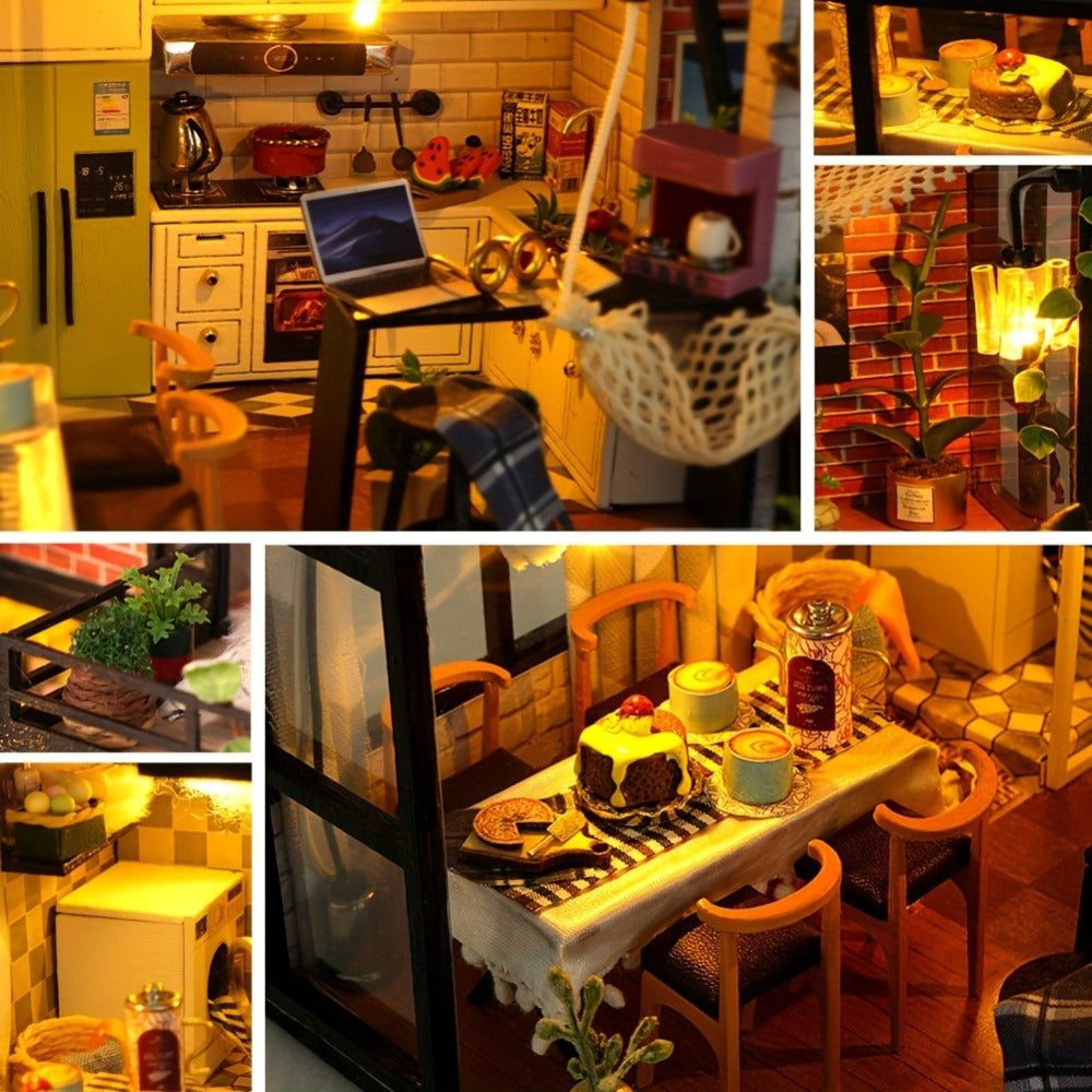 DIY Dollhouse Kit 2 Story with Dust Cover, Handmade Miniature House Model with Furniture Parts, No Glue No Batteries