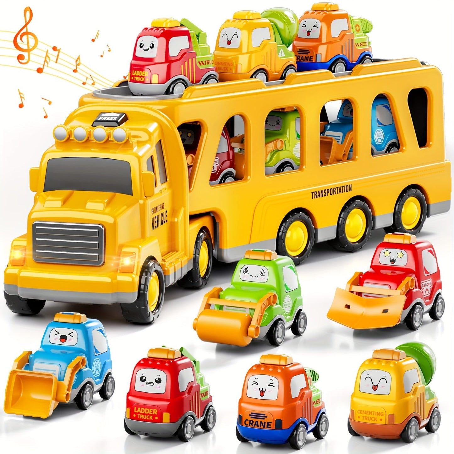 Transport Construction Truck Toy for Boys, 16.9 Inch Large Carrier Truck with 6 Cars, Lights & Sounds