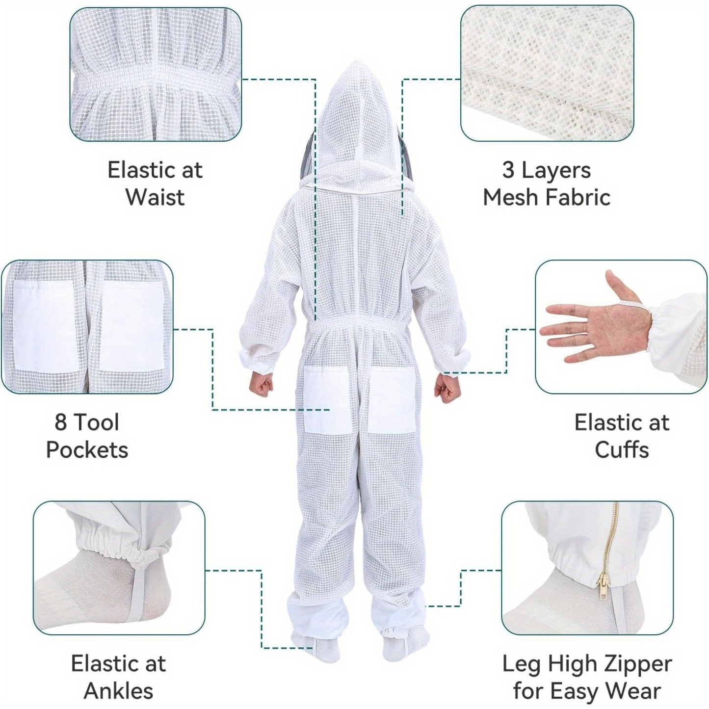 Beekeeping Suit Triple Layer Sting-Resistant Gloves 2 Veils S-3XL for Garden, Patio and Yard Use
