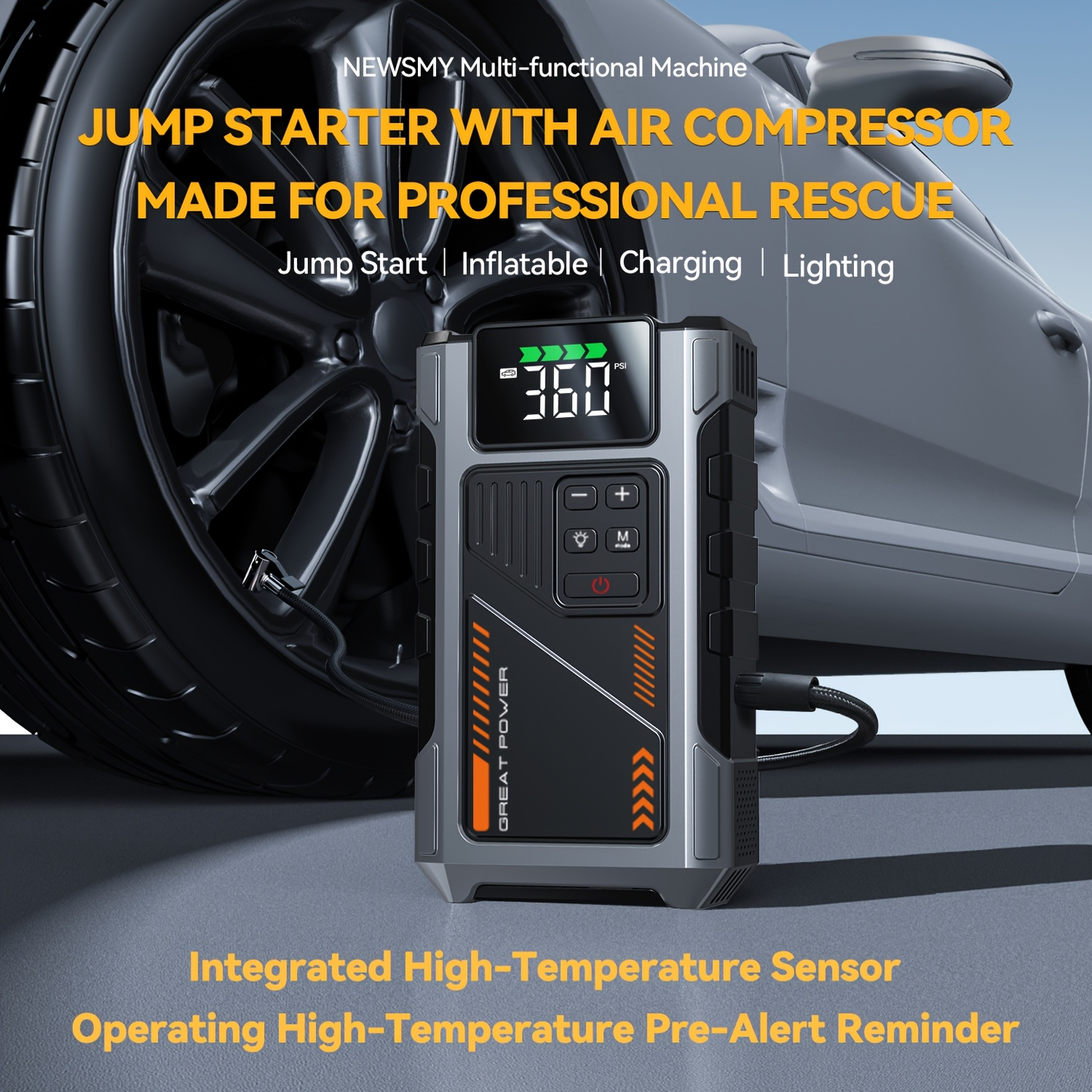 Jump Starter with Air Compressor 5000A Peak 150PSI Tire Inflator 5-in-1 Portable Car Battery Jump Pack for Garden, Patio and Yard Use