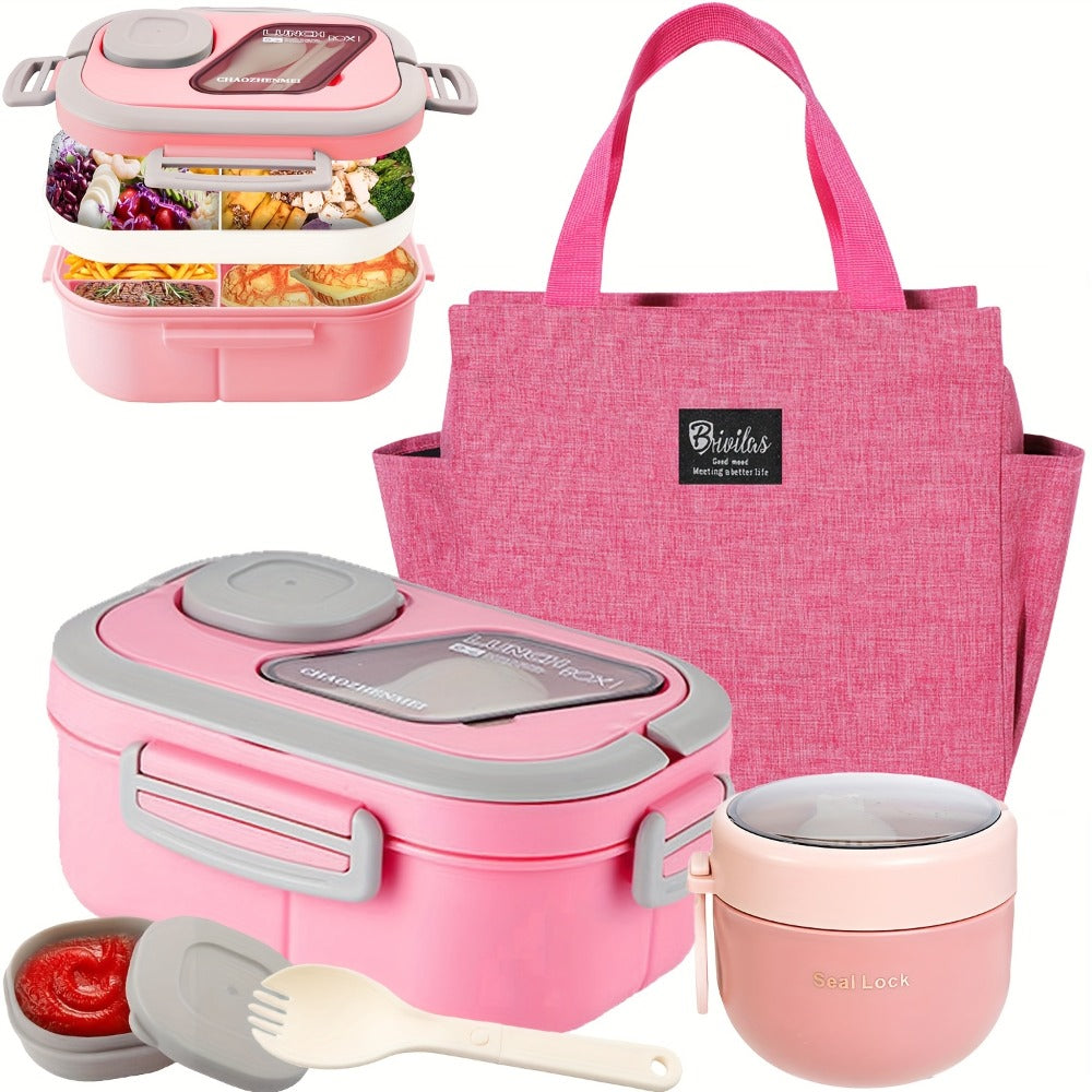 2-Layer Bento Lunch Box Set with Cup and Meal Bag - Multi-Grid Lunch Box for School, Office & Outdoor Picnics