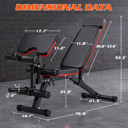 Adjustable Weight Bench 6-in-1 Foldable – Flat Incline Decline, Resistance Bands, Preacher Curl & Leg Developer, 770lb Capacity