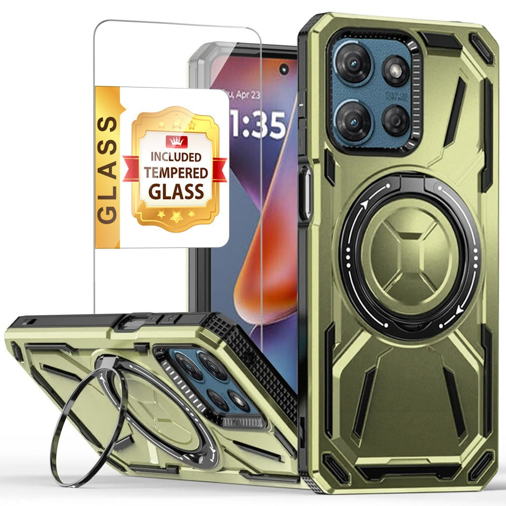 Phone Case Ring Stand Cover with Tempered Glass Protector for Moto G Power 5G 2025 in Five Colors
