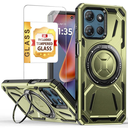 Phone Case Ring Stand Cover with Tempered Glass Protector for Moto G Power 5G 2025 in Five Colors