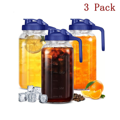 64oz Mason Jar with Handle and Lid 2/3 Pack, Borosilicate Glass Beverage Carafe, Leak-Proof Drinking Jar for Juice