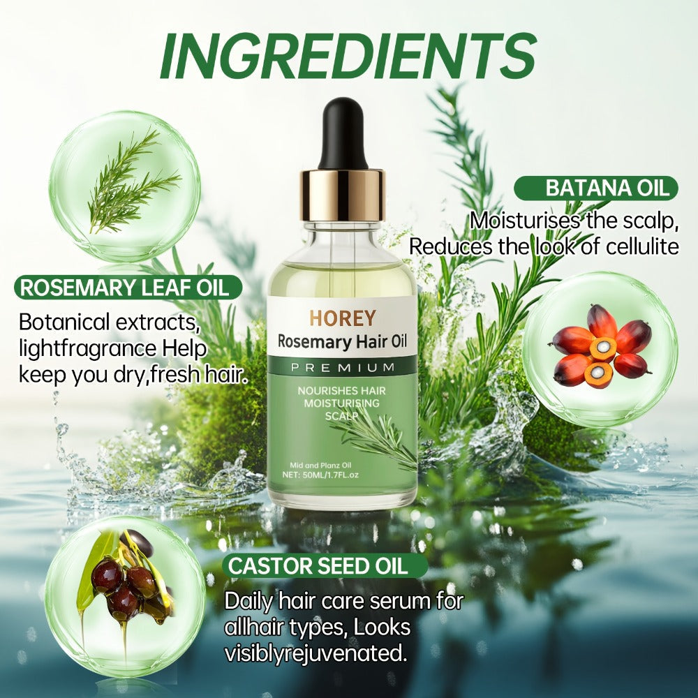Rosemary Hair and Scalp Oil in One- or Two-Bottle 50ml Options with Batana and Castor Seed Oil Labels