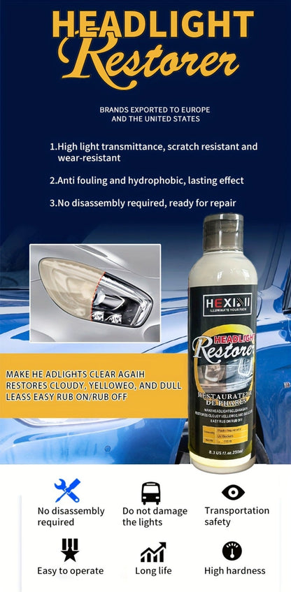 Car Headlight Restoration Fluid 8.5oz – Removes Yellowing, Oxidation & Haze | Crystal Coating Refurbishment Agent for Plastic Headlamp