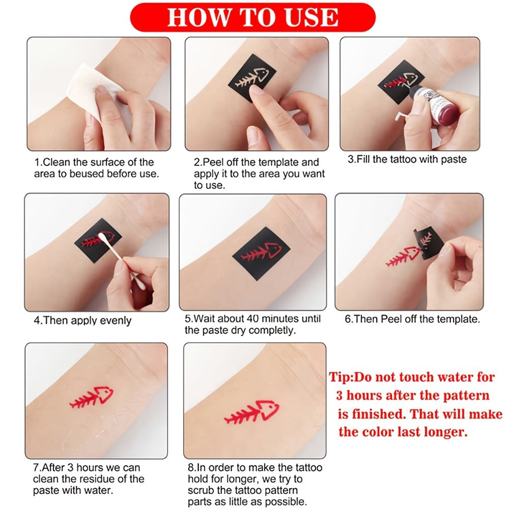 Tattoo Stencil Kit with Brown Paste Ink & Flash Spray, Pre-Cut Hollow Template DIY Freehand Henna Style