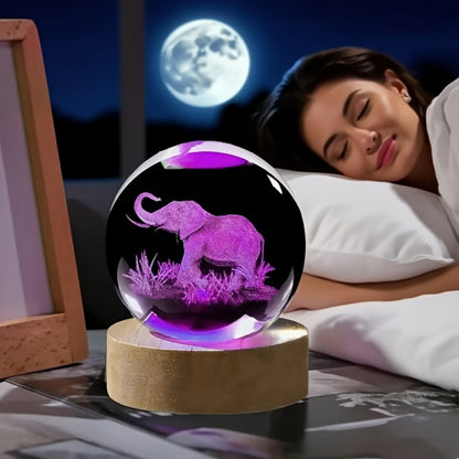 3D Elephant Crystal Ball LED Lamp USB Powered Colorful Night Light Wooden Base Elephant for Entryways, Bedrooms and Living Spaces