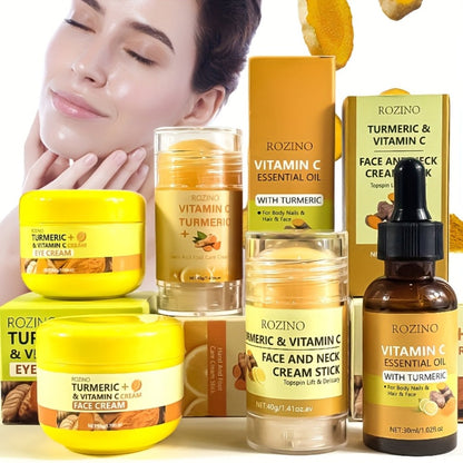 Skincare Set with ROZINO Label, 5 Turmeric and Vitamin C Cream and Serum Items for Face Hands and Feet