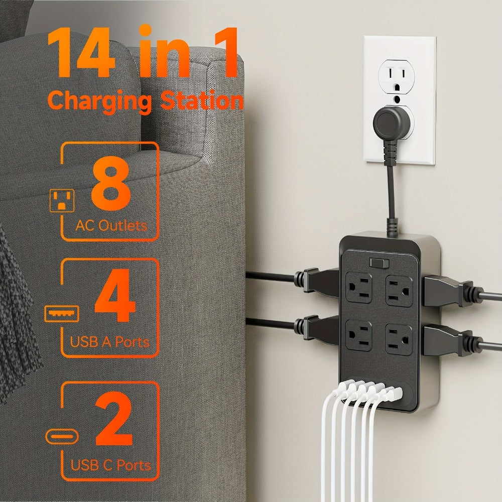 One-Touch Switch Desk Charging Station 14-in-1, 8 Widely Distributed AC Outlets & 6 USB Ports (4 USB-A + 2 USB-C)