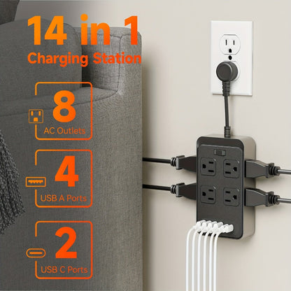 One-Touch Switch Desk Charging Station 14-in-1, 8 Widely Distributed AC Outlets & 6 USB Ports (4 USB-A + 2 USB-C)