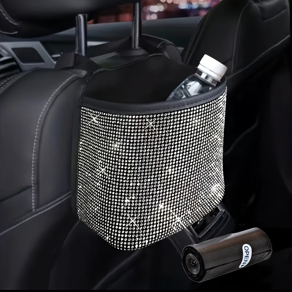 Hanging Rhinestone Car Trash Bin with Seat-Back Strap, 18 × 21 × 10 cm Size and One Liner Bag