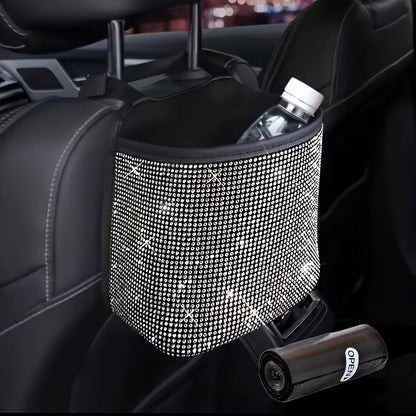 Hanging Rhinestone Car Trash Bin with Seat-Back Strap, 18 × 21 × 10 cm Size and One Liner Bag