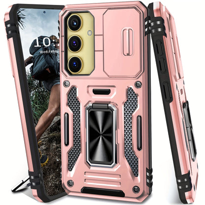 Samsung Galaxy Shockproof Magnetic Phone Case with 360° Rotating Ring Bracket & Sliding Lens Protector – Heavy Duty Cover for S24FE S23FE