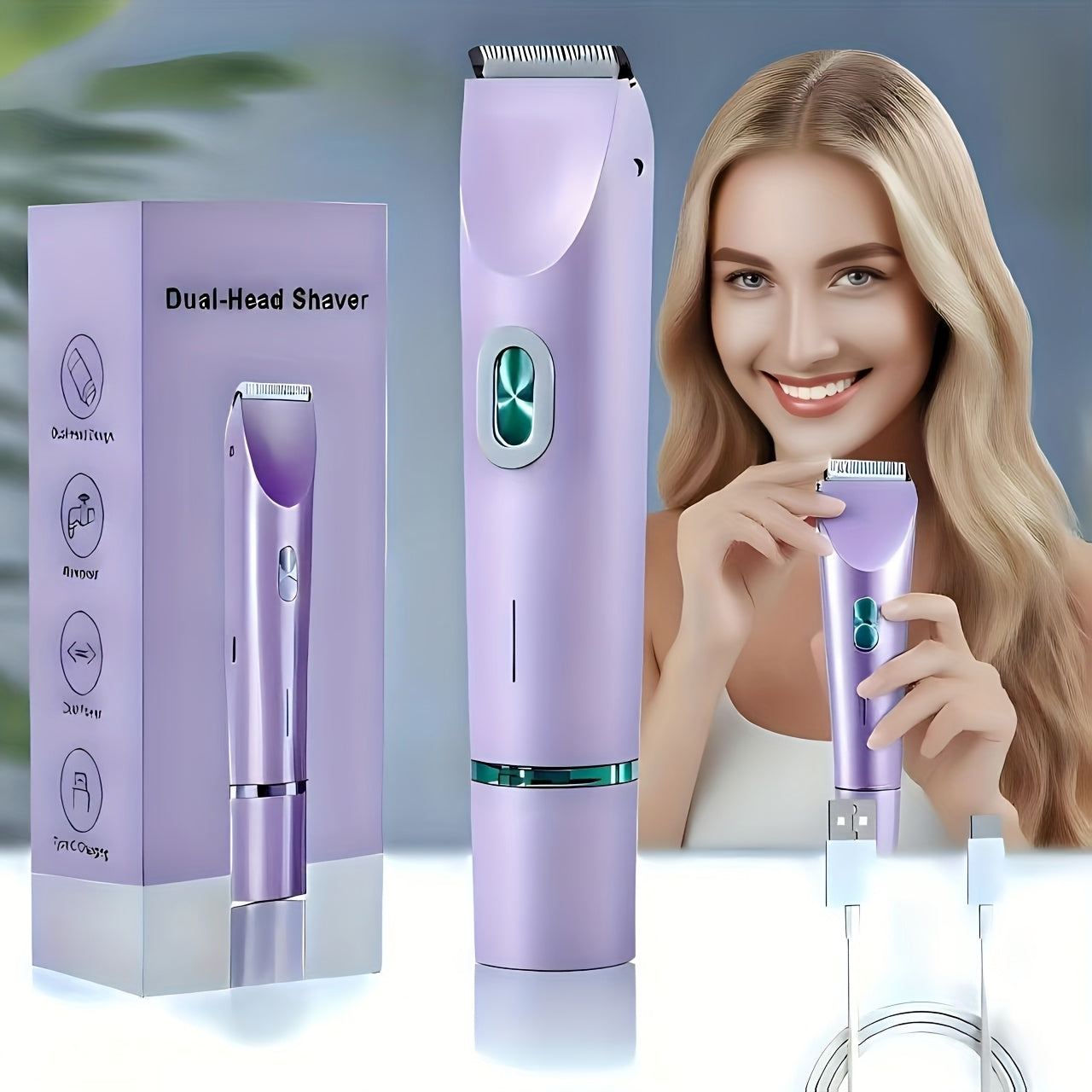 Bikini Trimmer for Women 2-in-1 Dual Head Electric Shaver - Wet Dry Body Hair Remover for Bikini Area Underarms Legs Arms Face