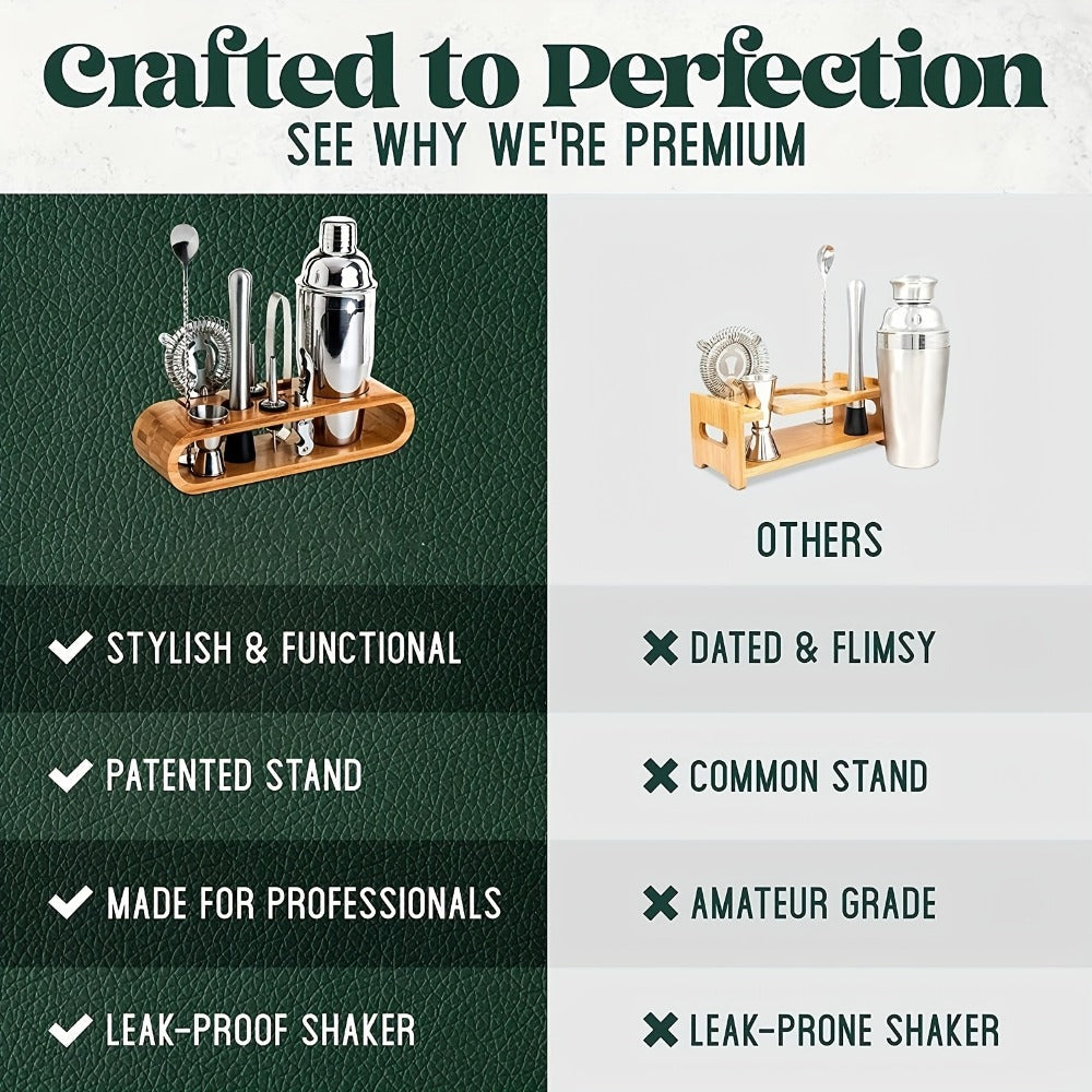 Bartender Set 10-Piece Stainless Steel Cocktail Shaker Bar Tool Kit with Bamboo Stand Home for Entryways, Bedrooms and Living Spaces