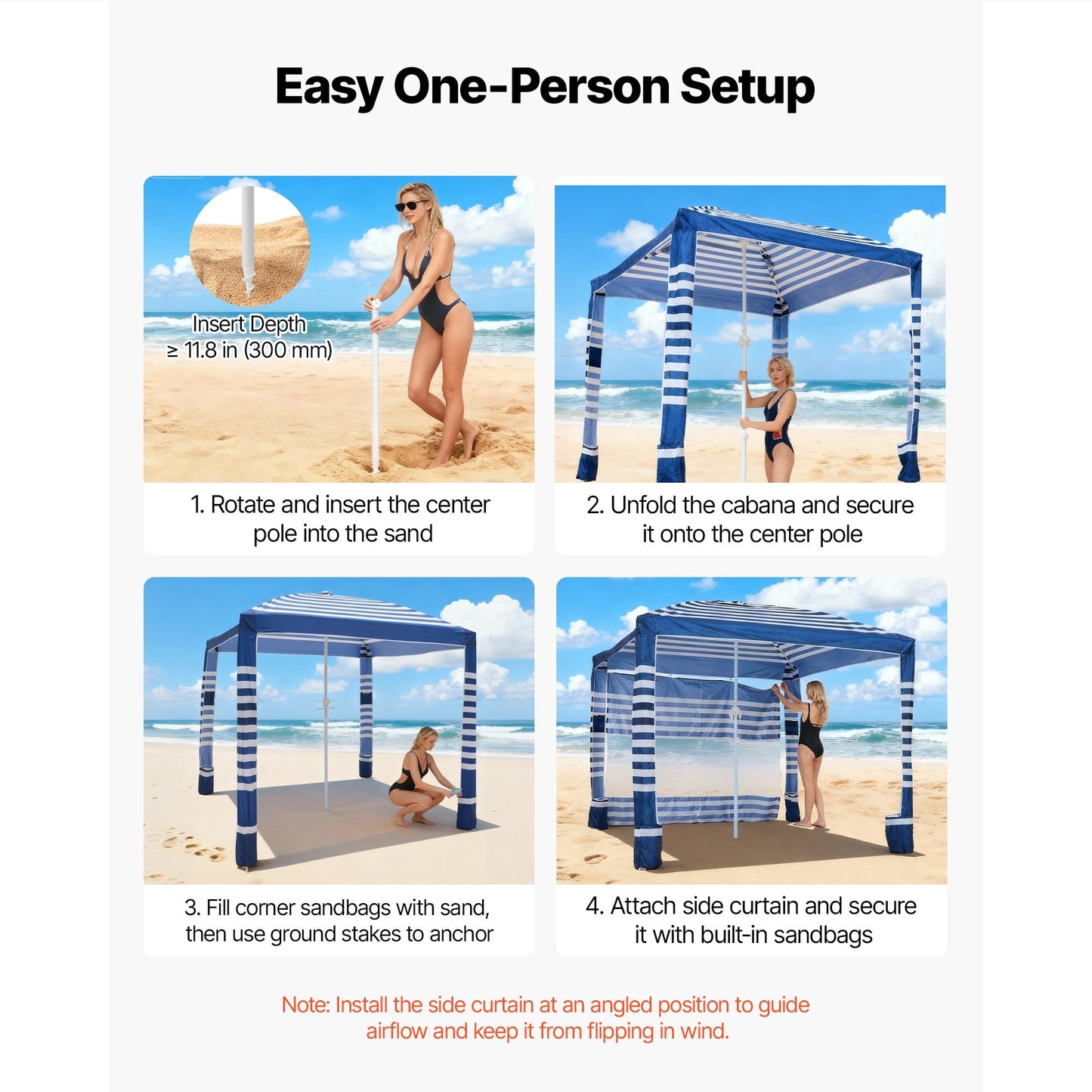 Beach Cabana 8x8ft UPF 50+ Adjustable Height Side Wall Navy Stripes for Garden, Patio and Yard Use