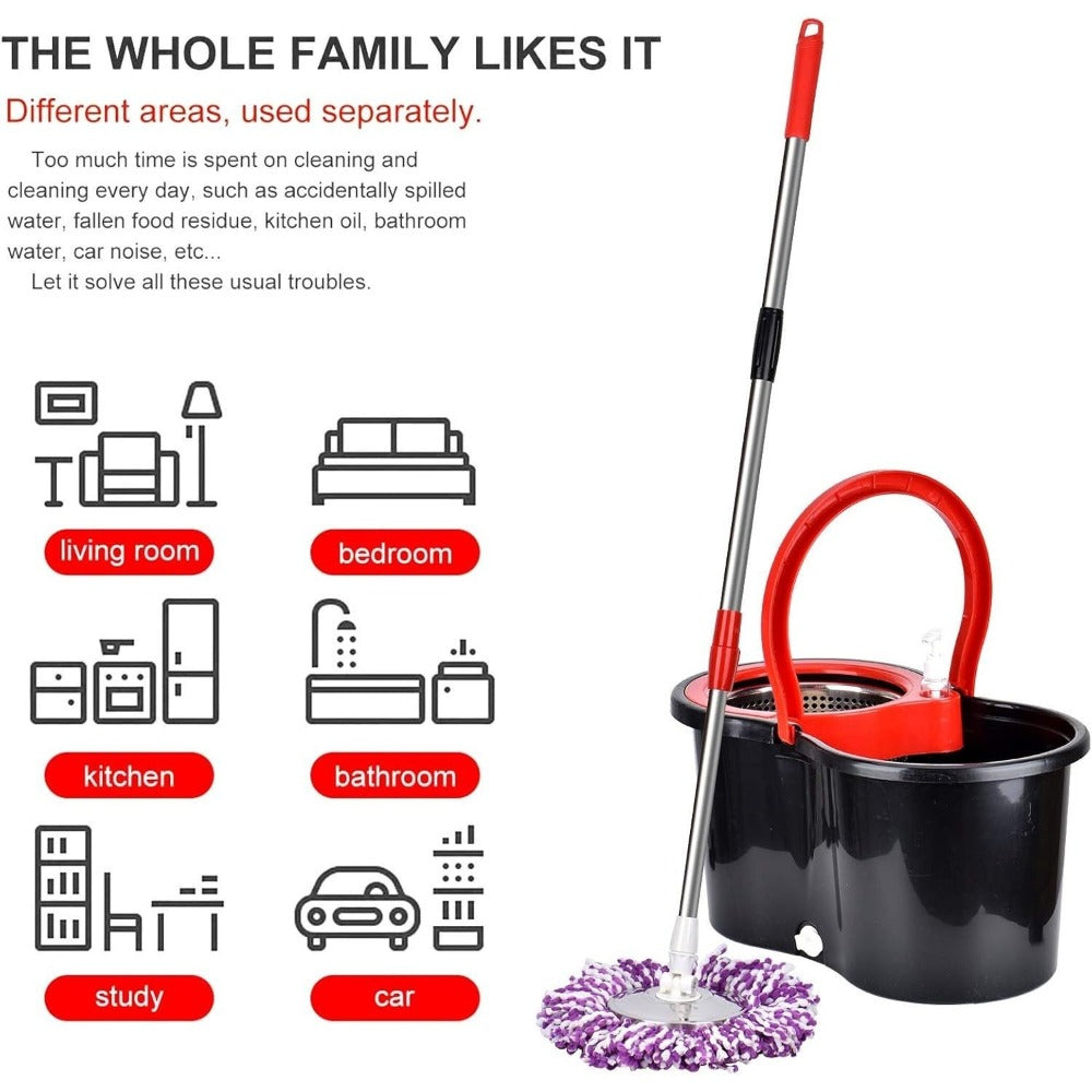 360 Spin Mop and Bucket Set with Wringer – Stainless Steel Extended Handle Spinning Mop Bucket System with Microfiber Mop Refills
