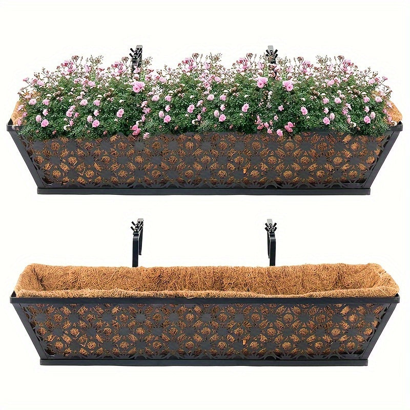 Window Box Planter 24 Inch with Coco Liner Adjustable Railing Brackets Cast Iron Flower Box for Porch Fence Balcony Patio Outdoor Garden