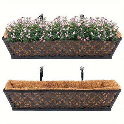 Window Box Planter 24 Inch with Coco Liner Adjustable Railing Brackets Cast Iron Flower Box for Porch Fence Balcony Patio Outdoor Garden