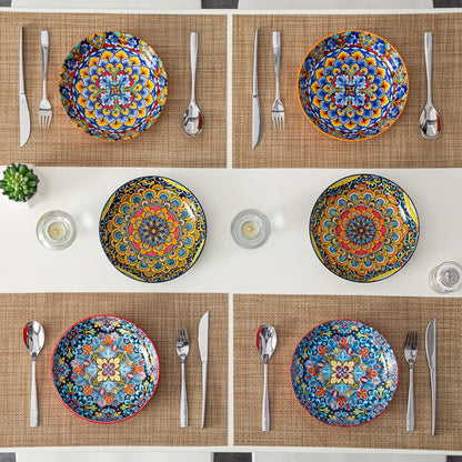Bohemian Pasta Bowls Set of 6, 32 Oz Porcelain, Floral Pattern, Microwave &, VANCASSO for Entryways, Bedrooms and Living Spaces
