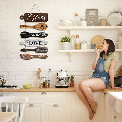 Farmhouse Wall Decor Wood Sign Set – "Bless The Food Before Us" Rustic Kitchen Dining Room Hanging Plaque