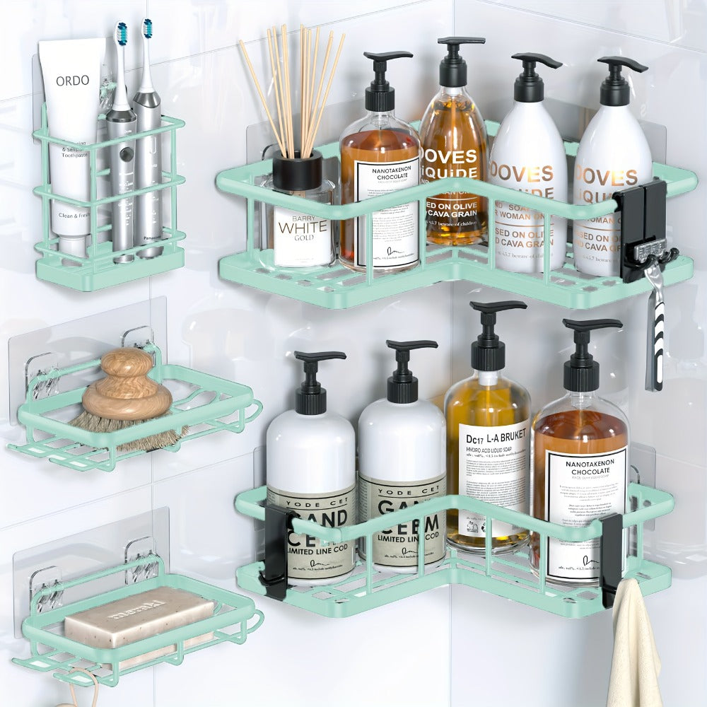 Corner Shower Caddy 5 Pack with Soap Holder & 4 Removable Hooks – Rustproof No Drill Shower Shelf Organizer for Inside Shower