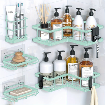 Corner Shower Caddy 5 Pack with Soap Holder & 4 Removable Hooks – Rustproof No Drill Shower Shelf Organizer for Inside Shower
